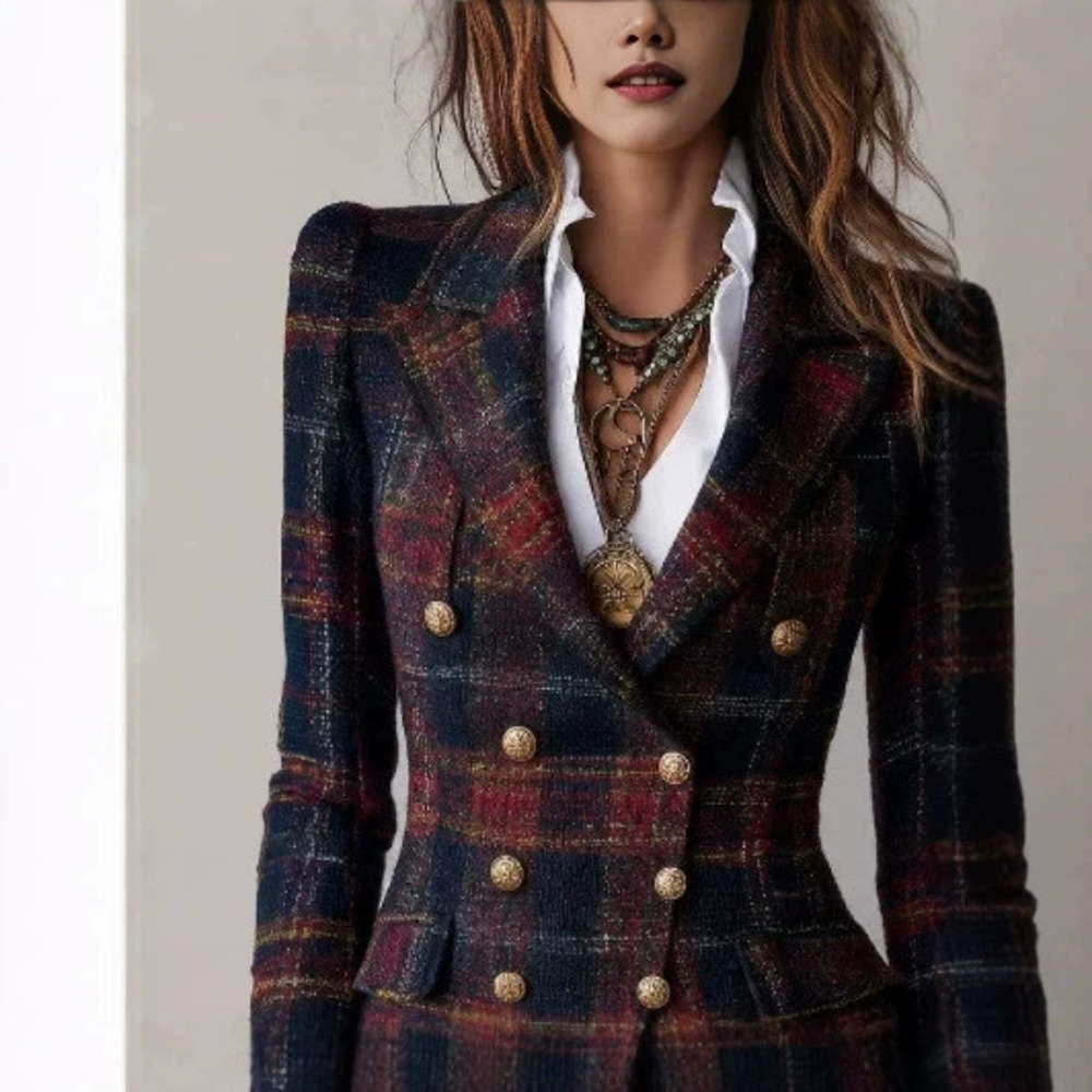 H&M   Vintage Plaid Double Breasted Wool Twill Suit Jacket